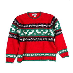 Vintage 80s LL Bean Wool Sweater Women Medium Holiday Knit Red Pullover Scotland